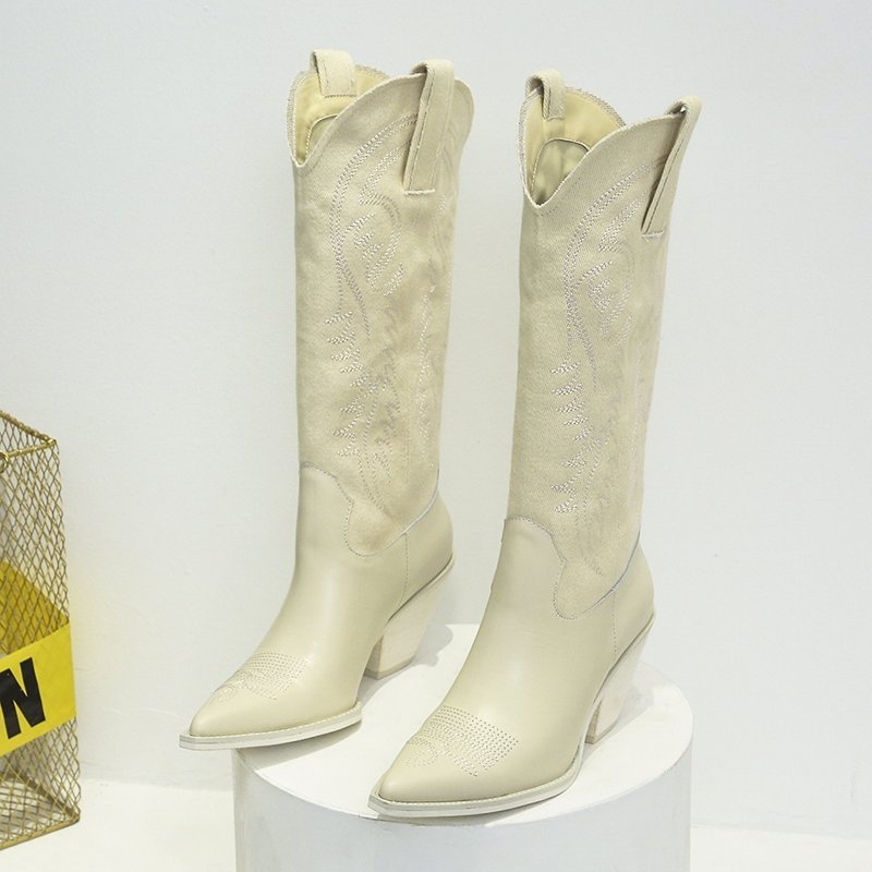 Vanjska trgovina 2020. Velike veličine Jesenske i zimske nove kožne čizme u europskom i američkom stilu, špicaste vezene visoke čizme u obliku pete Chelsea čizme