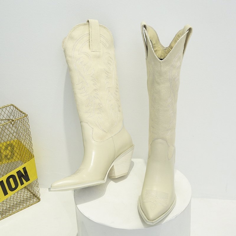 Vanjska trgovina 2020. Velike veličine Jesenske i zimske nove kožne čizme u europskom i američkom stilu, špicaste vezene visoke čizme u obliku pete Chelsea čizme