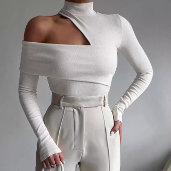 INS Európsky a americký štýl 2023 jeseň nový dámsky módny dlhý rukáv s dutými ramenami a vysokým golierom, štíhly jednofarebný dámsky top