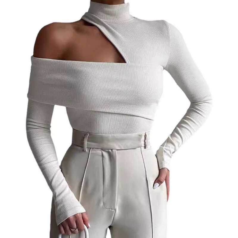 INS Európsky a americký štýl 2023 jeseň nový dámsky módny dlhý rukáv s dutými ramenami a vysokým golierom, štíhly jednofarebný dámsky top