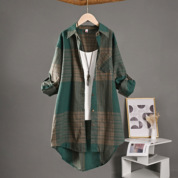 Nové bavlnené a ľanové topy z celého sveta, retro jarné a jesenné kockované košele pre ženy, dlhý štýl s krátkym predným a dlhým zadným dizajnom, košele s ochranou proti slnku