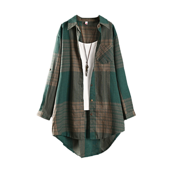 Nové bavlnené a ľanové topy z celého sveta, retro jarné a jesenné kockované košele pre ženy, dlhý štýl s krátkym predným a dlhým zadným dizajnom, košele s ochranou proti slnku