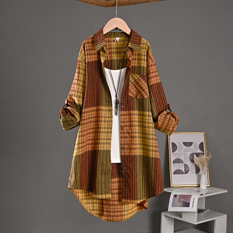 Nové bavlnené a ľanové topy z celého sveta, retro jarné a jesenné kockované košele pre ženy, dlhý štýl s krátkym predným a dlhým zadným dizajnom, košele s ochranou proti slnku