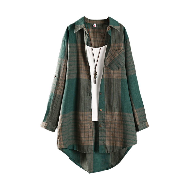 Nové bavlnené a ľanové topy z celého sveta, retro jarné a jesenné kockované košele pre ženy, dlhý štýl s krátkym predným a dlhým zadným dizajnom, košele s ochranou proti slnku