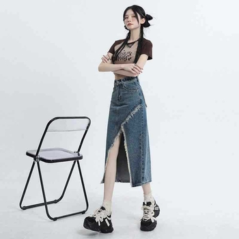 Γυναικεία φούστα τζιν με σκίσιμο, Άνοιξη και Φθινόπωρο 2023, Νέα φούστα με ψηλή μέση και λεπτό φούστα σε γραμμή Α, μεσαίου μήκους