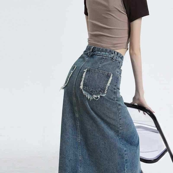 Γυναικεία φούστα τζιν με σκίσιμο, Άνοιξη και Φθινόπωρο 2023, Νέα φούστα με ψηλή μέση και λεπτό φούστα σε γραμμή Α, μεσαίου μήκους