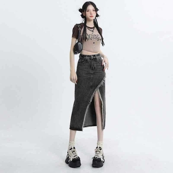 Γυναικεία φούστα τζιν με σκίσιμο, Άνοιξη και Φθινόπωρο 2023, Νέα φούστα με ψηλή μέση και λεπτό φούστα σε γραμμή Α, μεσαίου μήκους