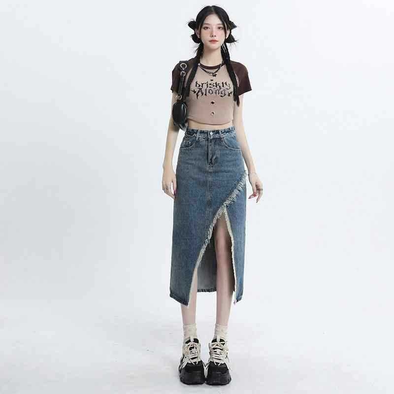 Dámska džínsová sukňa s rozparkom, jar a jeseň 2023, nová, vysoký pás, zoštíhľujúca, blesková áčková sukňa