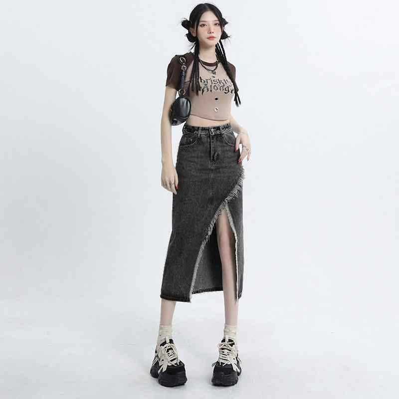 Dámska džínsová sukňa s rozparkom, jar a jeseň 2023, nová, vysoký pás, zoštíhľujúca, blesková áčková sukňa
