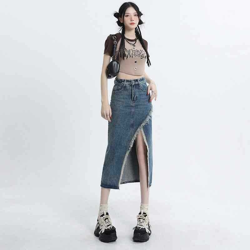 Dámska džínsová sukňa s rozparkom, jar a jeseň 2023, nová, vysoký pás, zoštíhľujúca, blesková áčková sukňa