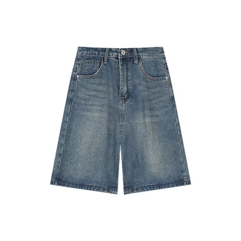 Moteriškos vasarinės penkių taškų džinsinės kelnės smulkaus sudėjimo moterims, tiesios, liekninančios, aukštu liemeniu, amerikietiško retro stiliaus, laisvos, plačios kelnės iki vidurio.