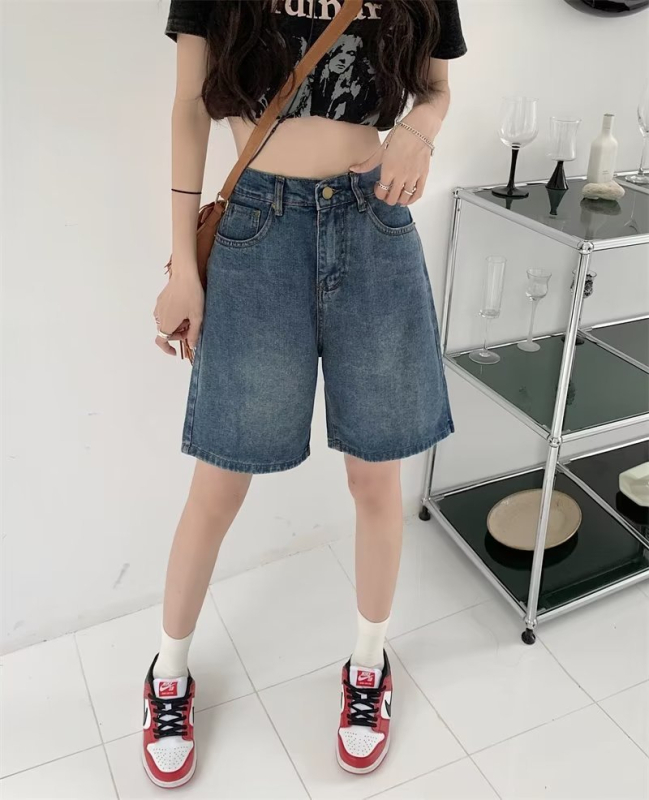 Moteriškos vasarinės penkių taškų džinsinės kelnės smulkaus sudėjimo moterims, tiesios, liekninančios, aukštu liemeniu, amerikietiško retro stiliaus, laisvos, plačios kelnės iki vidurio.