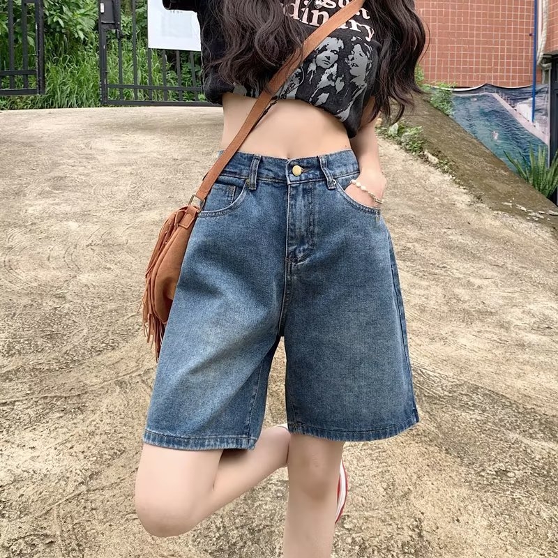 Blugi de vară pentru femei cu cinci puncte, pentru persoane de statură mică, aspect slăbit, talie înaltă, design retro american, pantaloni largi, talie medie