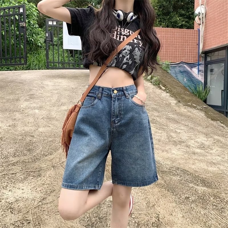 Moteriškos vasarinės penkių taškų džinsinės kelnės smulkaus sudėjimo moterims, tiesios, liekninančios, aukštu liemeniu, amerikietiško retro stiliaus, laisvos, plačios kelnės iki vidurio.