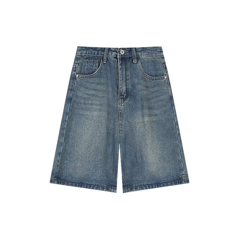 Moteriškos vasarinės penkių taškų džinsinės kelnės smulkaus sudėjimo moterims, tiesios, liekninančios, aukštu liemeniu, amerikietiško retro stiliaus, laisvos, plačios kelnės iki vidurio.