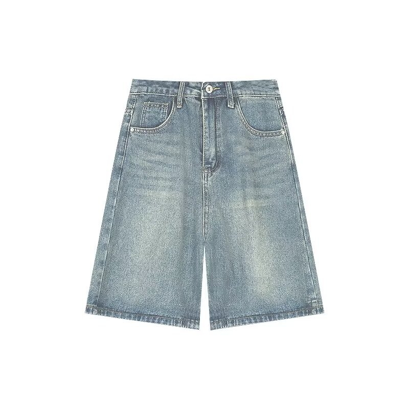 Moteriškos vasarinės penkių taškų džinsinės kelnės smulkaus sudėjimo moterims, tiesios, liekninančios, aukštu liemeniu, amerikietiško retro stiliaus, laisvos, plačios kelnės iki vidurio.