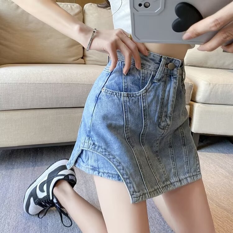 Dámska letná džínsová sukňa s vysokým pásom, nová kórejská módna sukňa s krátkymi nohavicami a úzkym strihom, s vysokým pásom, 2024