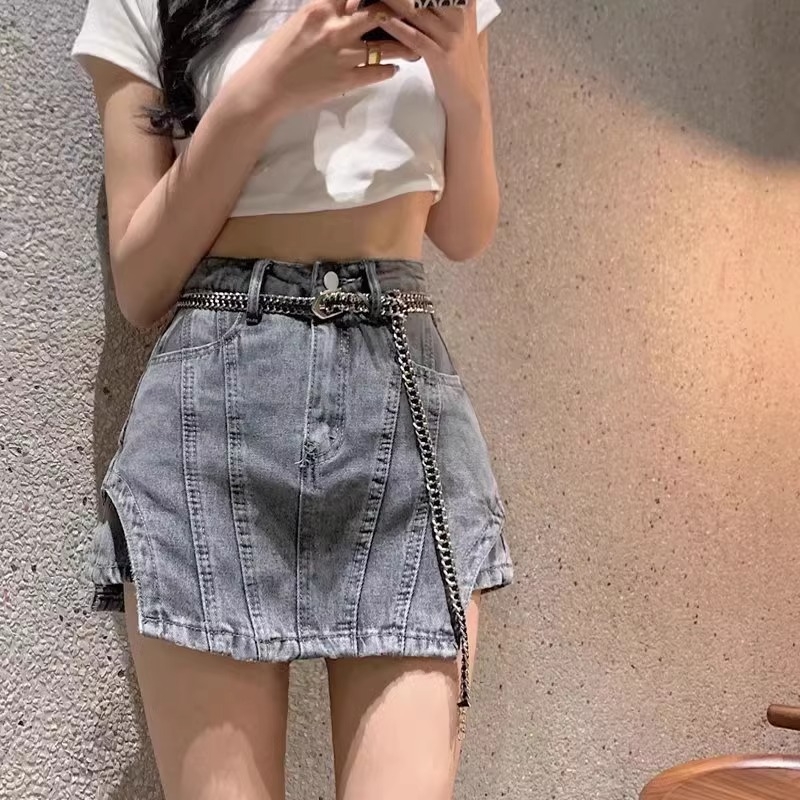 Dámska letná džínsová sukňa s vysokým pásom, nová kórejská módna sukňa s krátkymi nohavicami a úzkym strihom, s vysokým pásom, 2024