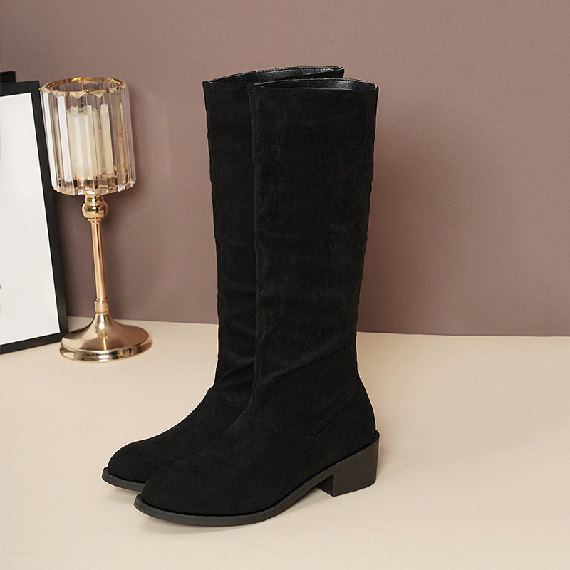 Ženske čizme s dugim hrpom 2023., nove europske i američke čizme od brušene kože većih veličina s debelom petom i okruglim vrhom, visoke čizme za žene na veliko