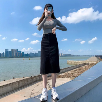 Φούστα τζιν με ψηλή μέση και σκίσιμο για γυναίκες 2025 Νέα, ίσια φούστα μεσαίου μήκους σε γραμμή Α, που αγκαλιάζει τους γοφούς, για την άνοιξη και το φθινόπωρο