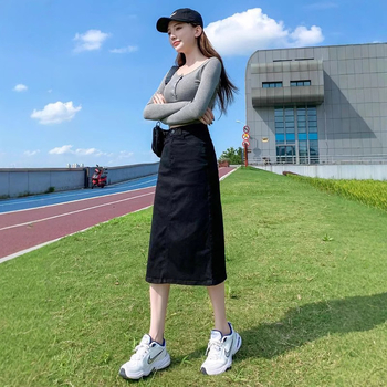 Φούστα τζιν με ψηλή μέση και σκίσιμο για γυναίκες 2025 Νέα, ίσια φούστα μεσαίου μήκους σε γραμμή Α, που αγκαλιάζει τους γοφούς, για την άνοιξη και το φθινόπωρο