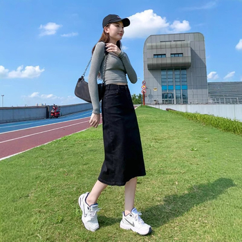 Φούστα τζιν με ψηλή μέση και σκίσιμο για γυναίκες 2025 Νέα, ίσια φούστα μεσαίου μήκους σε γραμμή Α, που αγκαλιάζει τους γοφούς, για την άνοιξη και το φθινόπωρο