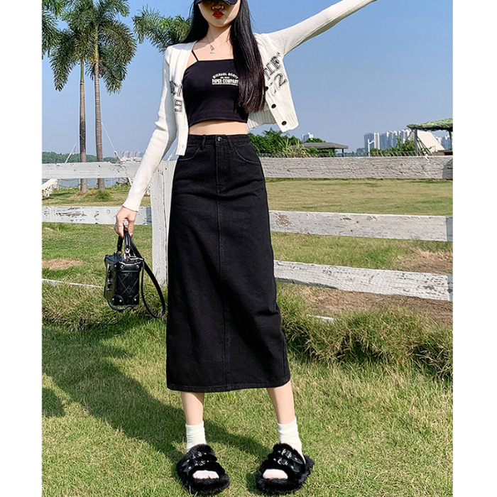 Dámska džínsová sukňa s vysokým pásom a rozparkom, nová jar/jesen 2025, voľná áčková sukňa strednej dĺžky, rovná, priliehavá k bokom