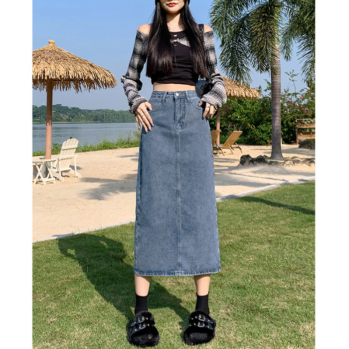 Dámska džínsová sukňa s vysokým pásom a rozparkom, nová jar/jesen 2025, voľná áčková sukňa strednej dĺžky, rovná, priliehavá k bokom