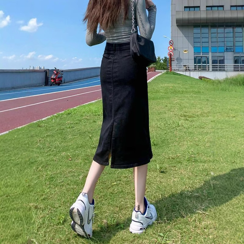 Dámska džínsová sukňa s vysokým pásom a rozparkom, nová jar/jesen 2025, voľná áčková sukňa strednej dĺžky, rovná, priliehavá k bokom