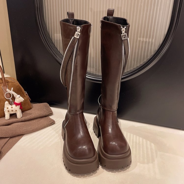 Debele čizme do koljena, ženske jesensko-zimske čizme u britanskom stilu za 2024. godinu, tanke viteške čizme, male visoke martin čizme.