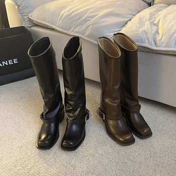 Verzija od kravlje kože ~ Retro svestrane modne čizme za žene 2024. Čizme s četvrtastim vrhom, metalne visoke čizme s tubusom za odlaganje, zapadnjačke čizme