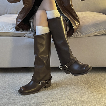 Verzija od kravlje kože ~ Retro svestrane modne čizme za žene 2024. Čizme s četvrtastim vrhom, metalne visoke čizme s tubusom za odlaganje, zapadnjačke čizme