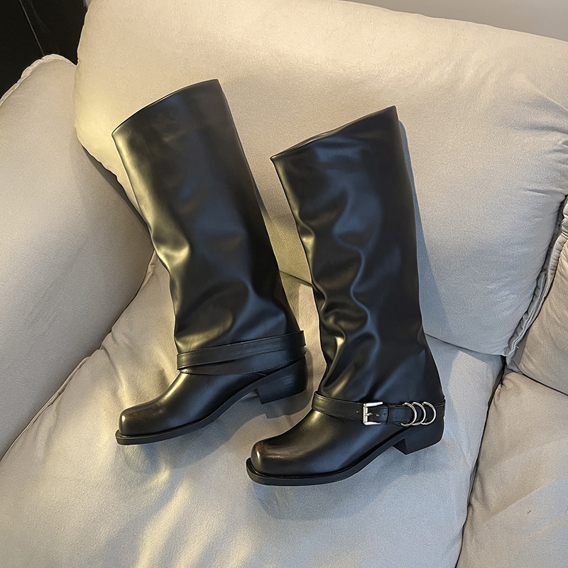 Verzija od kravlje kože ~ Retro svestrane modne čizme za žene 2024. Čizme s četvrtastim vrhom, metalne visoke čizme s tubusom za odlaganje, zapadnjačke čizme