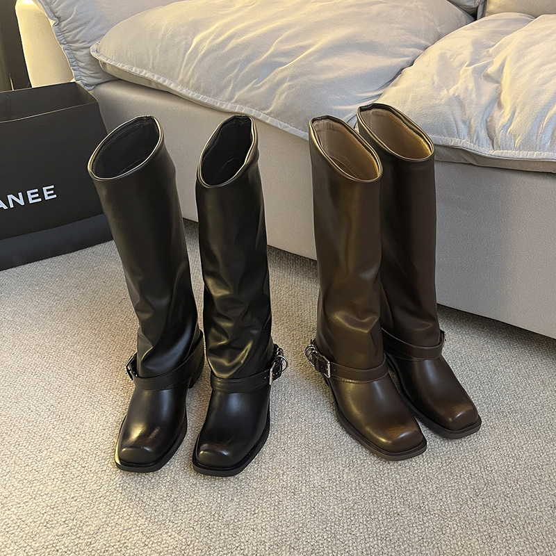 Verzija od kravlje kože ~ Retro svestrane modne čizme za žene 2024. Čizme s četvrtastim vrhom, metalne visoke čizme s tubusom za odlaganje, zapadnjačke čizme