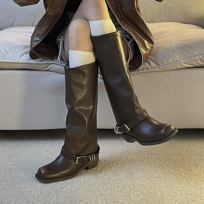 Verzija od kravlje kože ~ Retro svestrane modne čizme za žene 2024. Čizme s četvrtastim vrhom, metalne visoke čizme s tubusom za odlaganje, zapadnjačke čizme