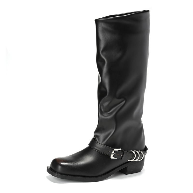 Verzija od kravlje kože ~ Retro svestrane modne čizme za žene 2024. Čizme s četvrtastim vrhom, metalne visoke čizme s tubusom za odlaganje, zapadnjačke čizme