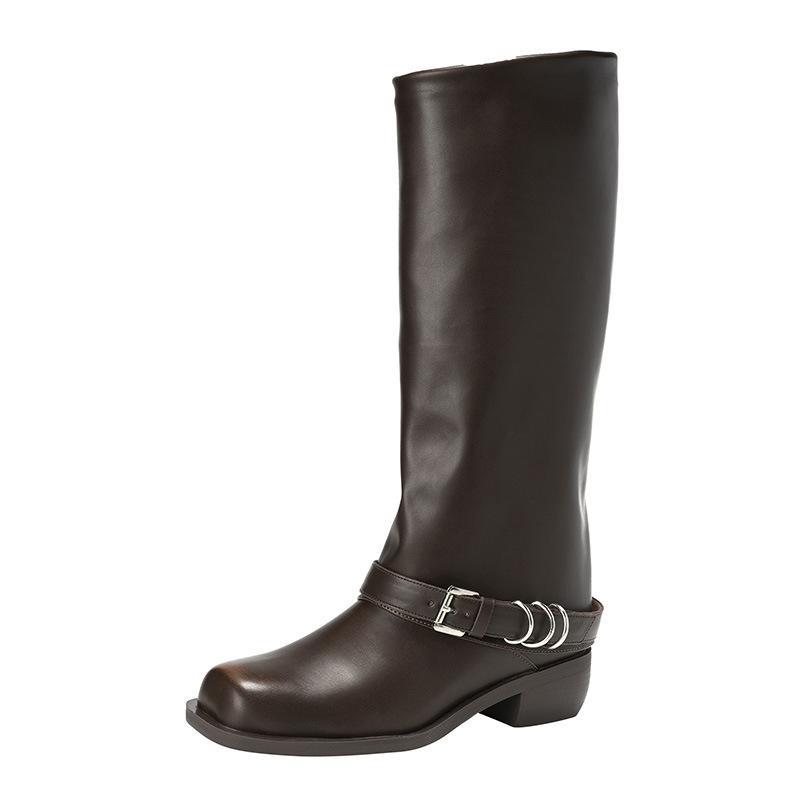 Verzija od kravlje kože ~ Retro svestrane modne čizme za žene 2024. Čizme s četvrtastim vrhom, metalne visoke čizme s tubusom za odlaganje, zapadnjačke čizme