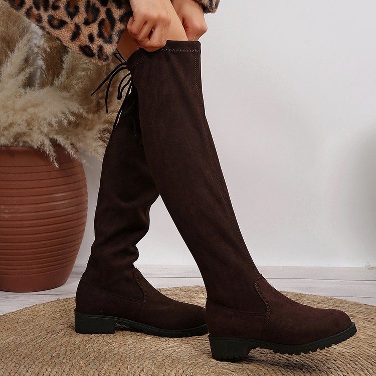 Zahraničný obchod, čižmy nad kolená, elastické, jeseň a zima 2024, nové vysoké čižmy s hrubým podpätkom, jednofarebné, módne dámske čižmy, temu skladom