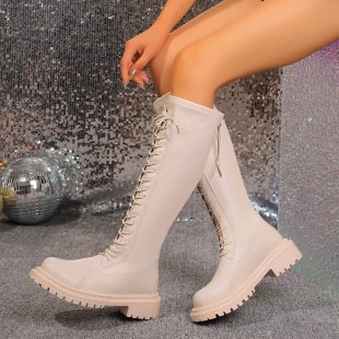 Zimné nové dámske martinské čižmy s hrubou podrážkou, elegantné biele vysoké čižmy s hrubou podrážkou a šnurovaním