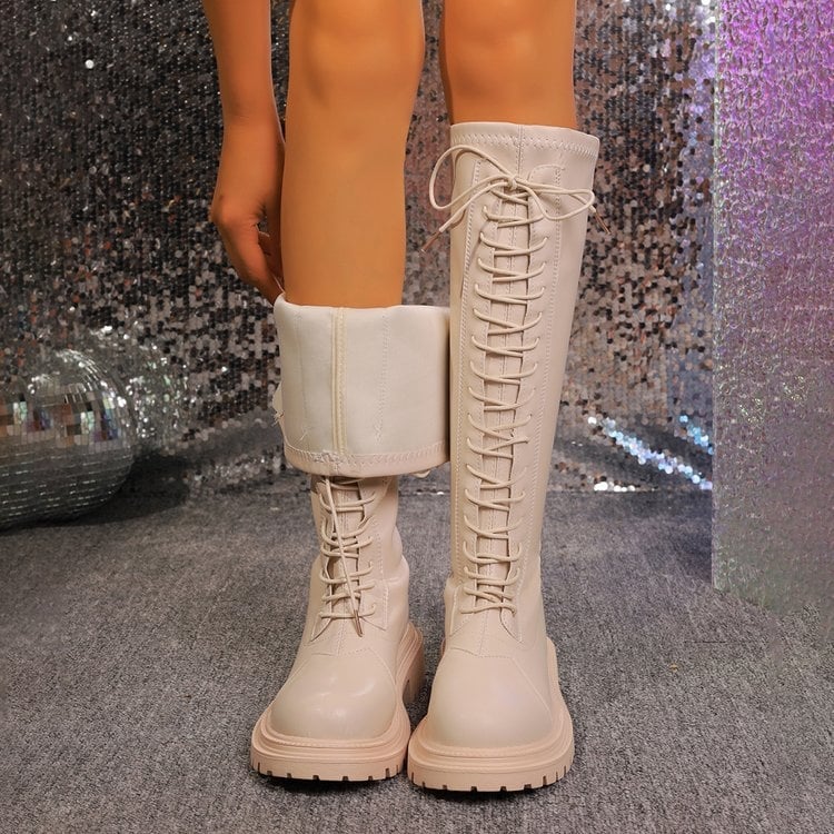 Zimné nové dámske martinské čižmy s hrubou podrážkou, elegantné biele vysoké čižmy s hrubou podrážkou a šnurovaním