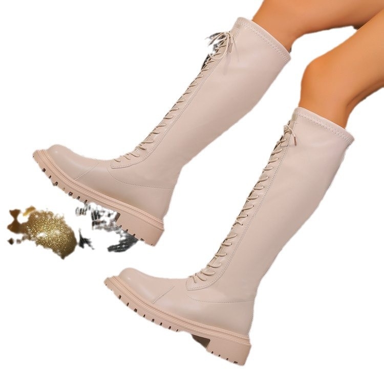 Zimné nové dámske martinské čižmy s hrubou podrážkou, elegantné biele vysoké čižmy s hrubou podrážkou a šnurovaním