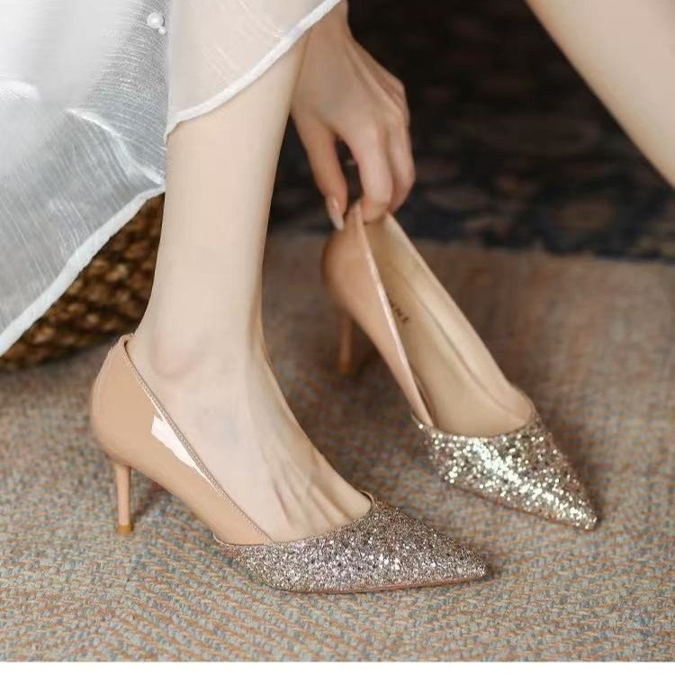 Vysoké podpätky v šampanskom prevedení, dámske svadobné topánky pre družičky, nové 2025, lakované kožené flitrované jehlové opätky, plytké topánky na jednoduché nosenie