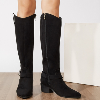Europske i američke 2023 Nove ženske duge čizme s visokom petom, špicastim, univerzalnim vezenim zapadnjačkim traper viteškim čizmama