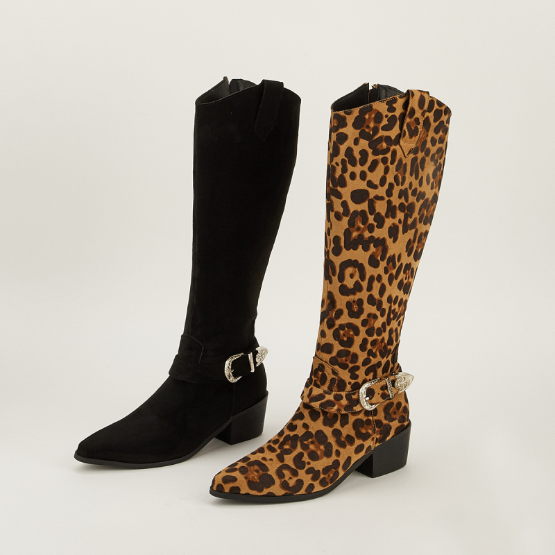 Europske i američke 2023 Nove ženske duge čizme s visokom petom, špicastim, univerzalnim vezenim zapadnjačkim traper viteškim čizmama