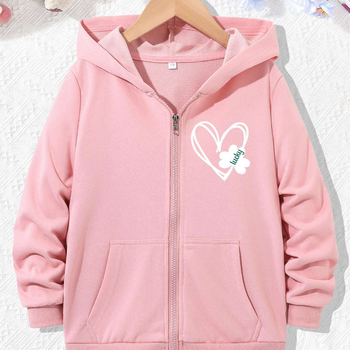 Djevojačka jakna s kapuljačom i printom srca za Valentinovo, džep