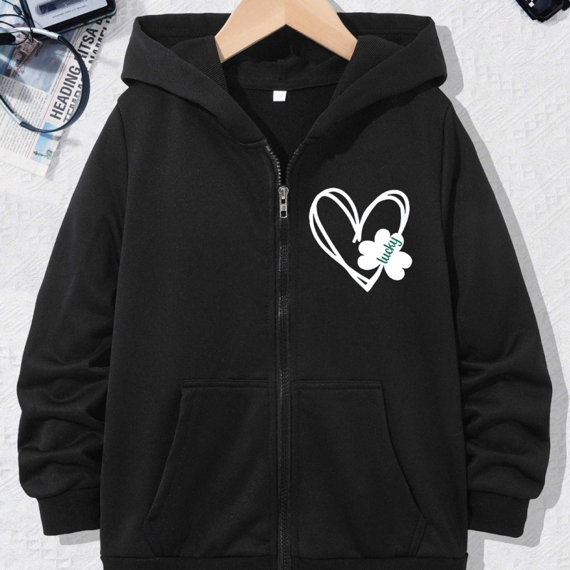 Djevojačka jakna s kapuljačom i printom srca za Valentinovo, džep