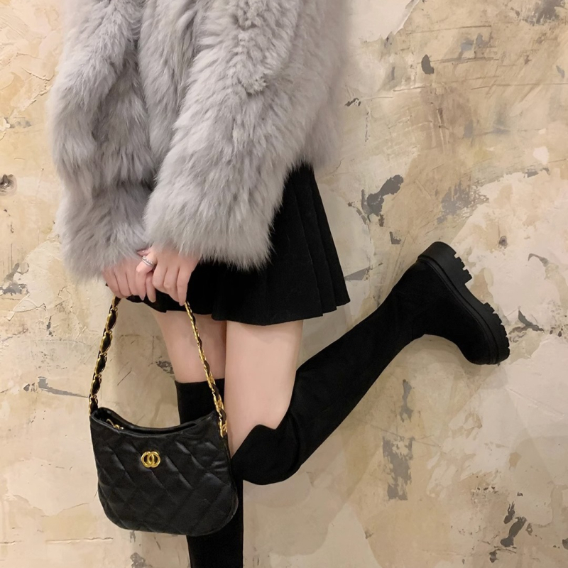 [sheli Su Yinyin] Visoke čizme za žene ~ čizme do koljena s debelim podstavom od flis tkanine, elastične tanke, za žene, duge čizme za jesen/zimu