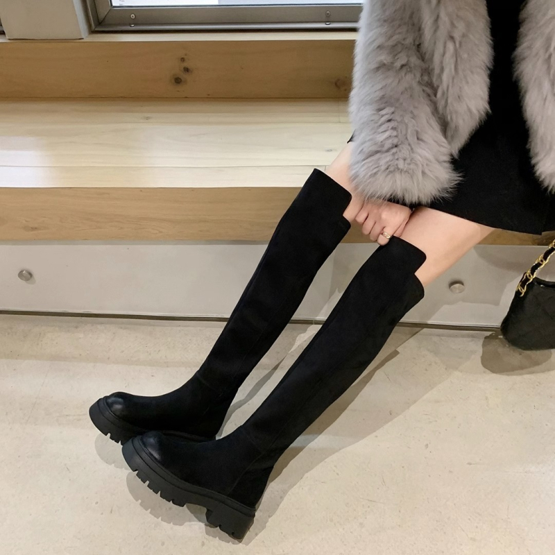 [sheli Su Yinyin] Visoke čizme za žene ~ čizme do koljena s debelim podstavom od flis tkanine, elastične tanke, za žene, duge čizme za jesen/zimu