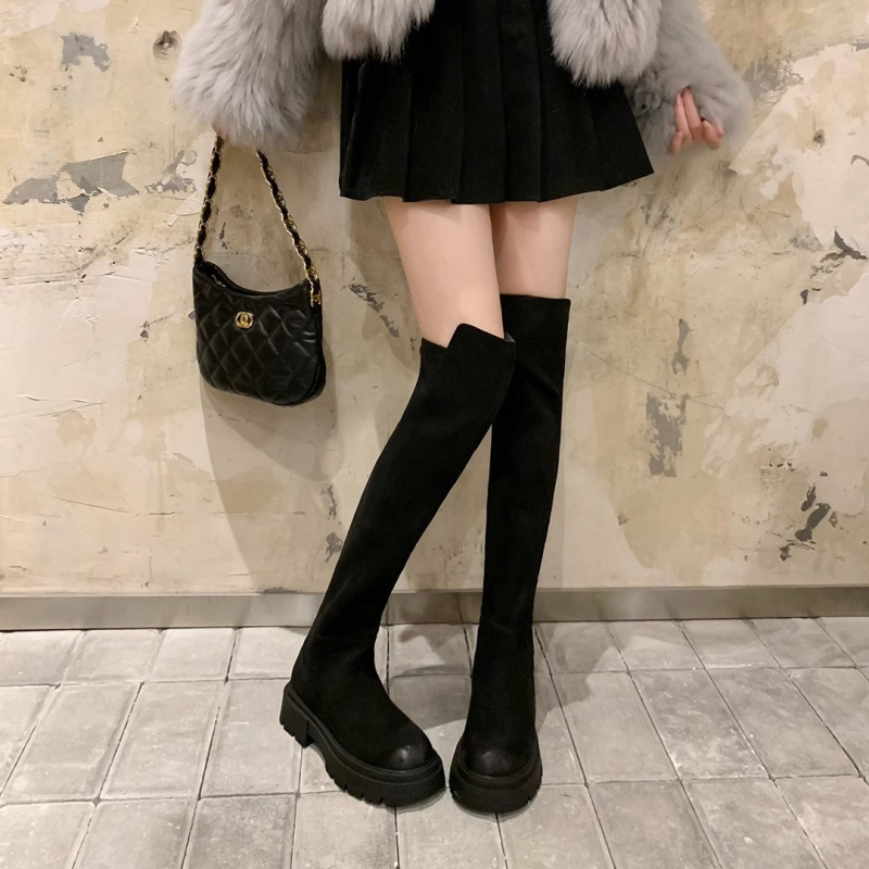 [sheli Su Yinyin] Visoke čizme za žene ~ čizme do koljena s debelim podstavom od flis tkanine, elastične tanke, za žene, duge čizme za jesen/zimu
