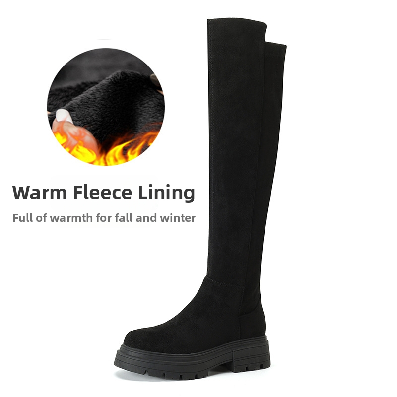 [sheli Su Yinyin] Visoke čizme za žene ~ čizme do koljena s debelim podstavom od flis tkanine, elastične tanke, za žene, duge čizme za jesen/zimu